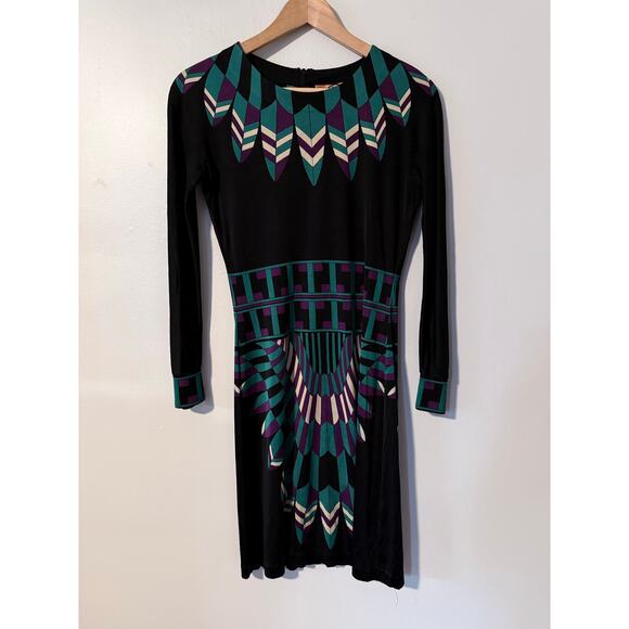 TORY BURCH 100% silk black green geometric aztec stretch fit flare dress - Picture 2 of 9